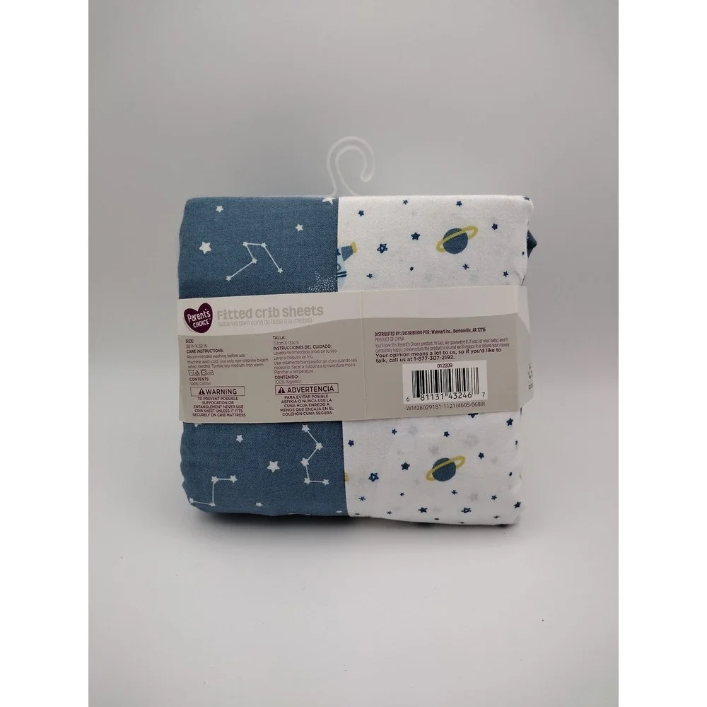 Parents Choice Fitted Crib Sheets 2 Pack Space Stars 100% Cotton 28x52